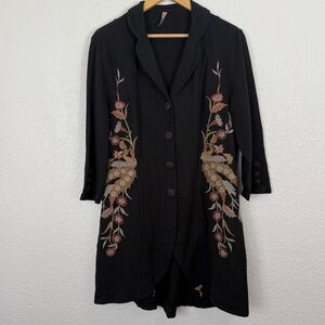 XCVI Black Floral Embroidered  Cotton Jacket Large Bohemian Artsy Lagenlook